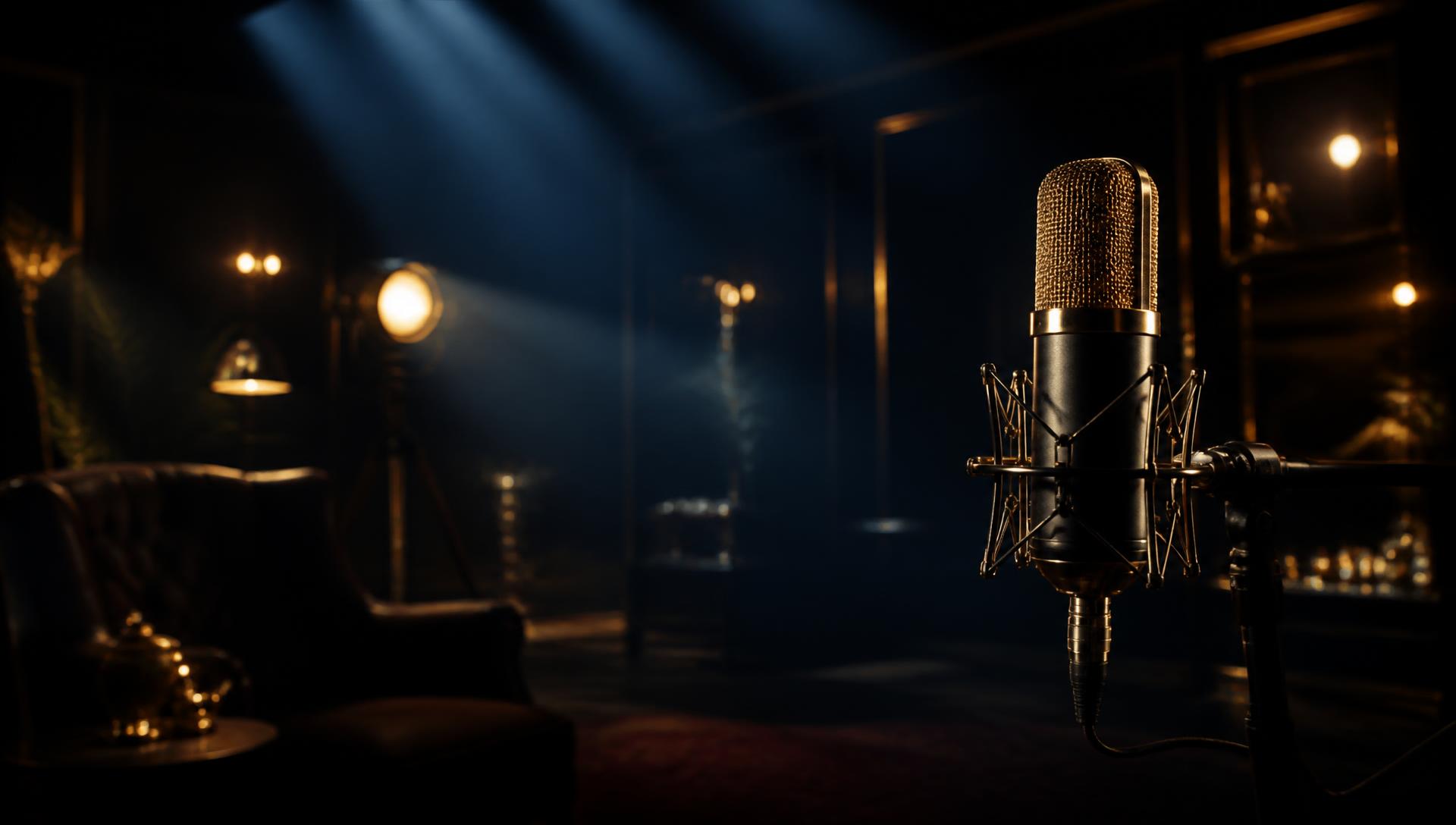 Aegis Crown podcast studio with a gold condenser microphone under cinematic lighting